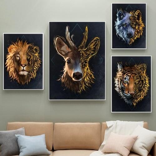 Animals Nordic Canvas Poster Painting Golden Tiger And Deer Head Abstract Wall Art Prints Modern Home Decoration Living Room