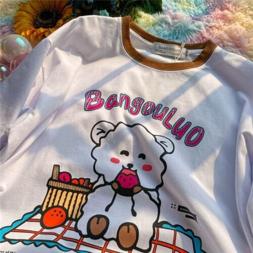 100%Cotton Vintage Bear Letter Printing T Shirts Women Oversized Tshirts 2021 Summer Japanese Style Kawaii Teens Girls Harajuku