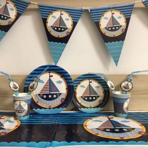26pcs/set Blue Sailing Boat Theme Disposable Tableware Sets For Kids Birthday Holiday Party Supplies Kids Baby shower Favor