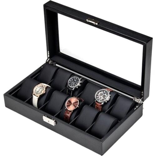 Carbon Fibre Leather Watch Storage Boxes Case New Black Mechanical Watches Organizer Case With Lock Jewelry Gift Holder