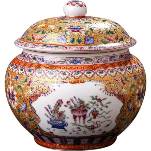 Jingdezhen Ceramic Enamel Tea Pot Ceramic Jar Household Antique Cover Storage Tank Pu'er Tea Caddy