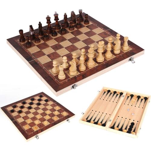 3 In 1 Wooden Chess Game Backgammon Checkers Chess Set Wooden Chess Pieces With Folding Chessboard For Kids
