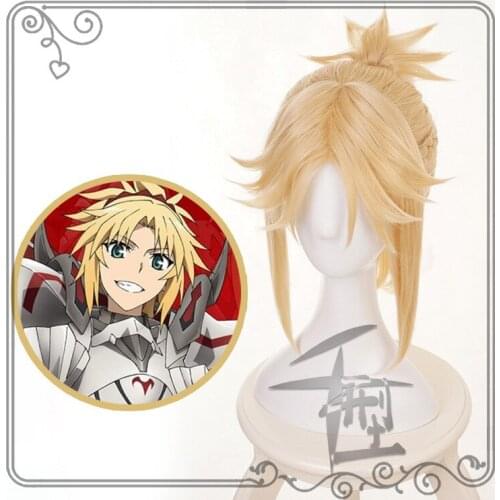 Fate Grand Order Mordred Golden Blonde Ponytail Wig Cosplay Costume Synthetic Hair Halloween Party Play Game Wigs