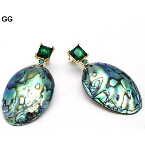 GuaiGuai Jewelry Natural Green Abalone Shell Freeform Green CZ Pave Stud Earrings Handmade Vintage Style For Women