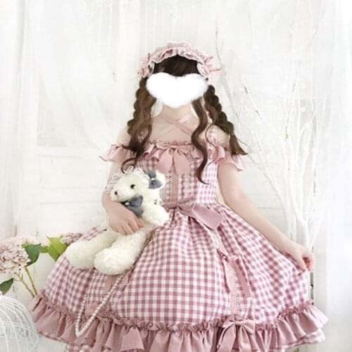 Plaid JSK strap lolita lace bow lolita dress Princess Japanese Vestidos vintage lace bowknot high waist victorian cosplay girl