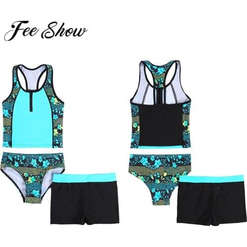 3PCS Swimwear for Kids Girls Tankini Set Floral Print Sleeveless Racerback Tank Vest Shirt Short Bikini Beachwear Swimming Suit