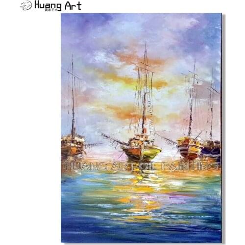 Hot Selling High Quality Hand Painted Abstract Sunrise Seascape Oil Painting on Canvas Knife Sailing Landscape Oil Painting