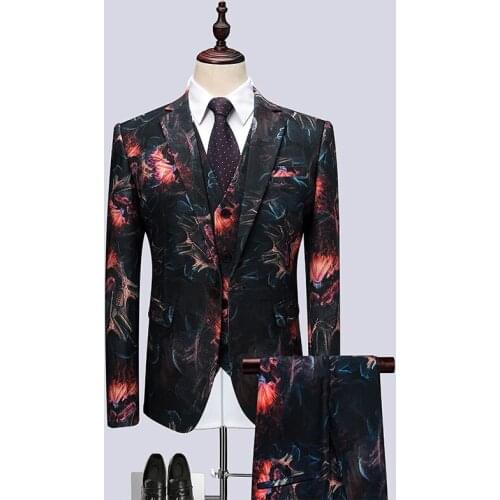 Jacket+Pants+Vest 2021 Wedding Suits For Men Black Red Dress Printed Groom Tuxedo Italian Suit Plus Size #1858