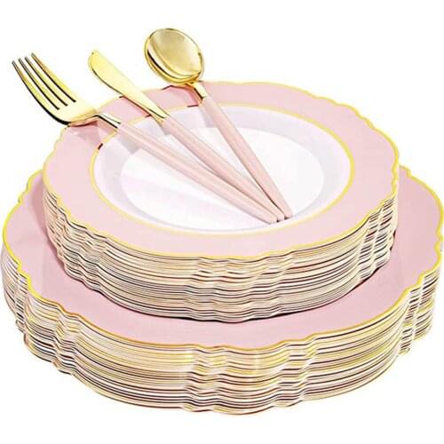 50 Pcs Disposable Tableware Pink Green Plastic Plate With Gold Edge Suitable for High-end Wedding Mothers Day Party Supplies