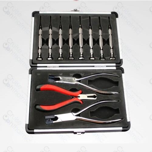 Optical Tools Eyelgasses Rimless Disassembly Pliers Set with 10 screws drivers aluminium carrying case