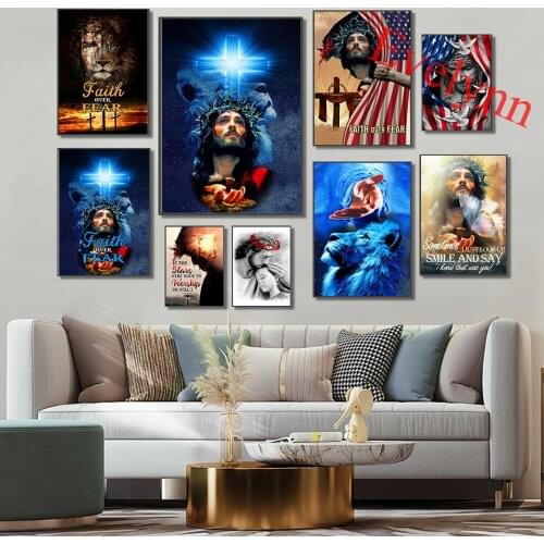 Jesus Christ God Retro Poster Faith Over Fear Poster Home Decor Canvas Wall Art Prints Living Room Decoration Unique Gift