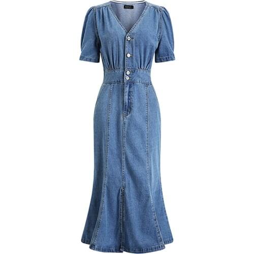 PERHAPS U Denim Dress Pocket V Neck Short Sleeve Midi Dress Women Puff Sleeve Fit And Flare Korean Style D1806