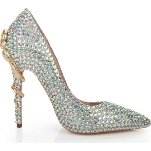 Han edition luxury leather shoes women color diamond pointy shoes heel wedding shoes lady high-end elegant single