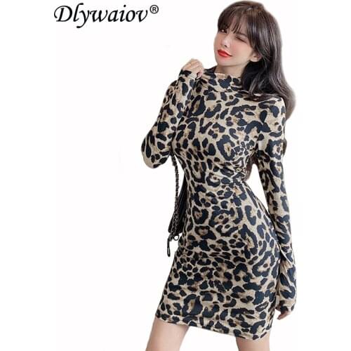 Leopard Print Long Sleeve Dress Women Spring Autumn Tight New Package Buttocks Sexy Turtleneck Dress Slim Ladies Dress Nightclub