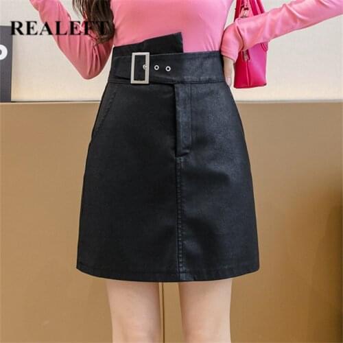 REALEFT Autumn Winter Irregular Womens PU Leather Skirts 2021 New High Waist Buttons Workwear A-Line Sexy Mini Skirts Female