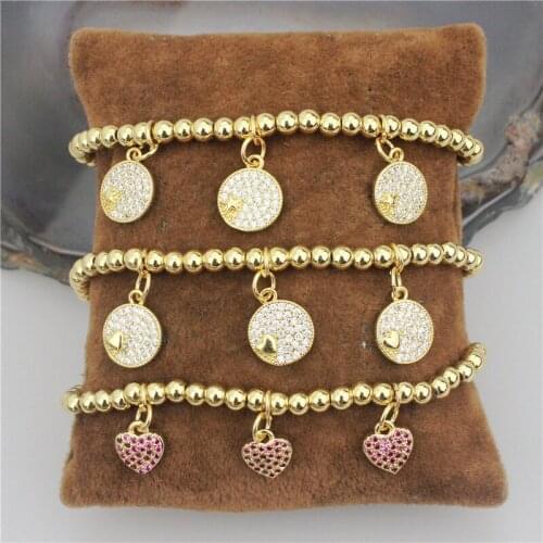5pcs/lot Cute plated beads bracelet,heart/star shape cubic zircon charm jewelry,fashion beauty beads bracelet wholesale