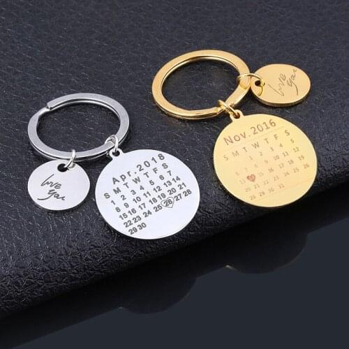 Custom Calendar Key Chain Round Stainless Steel Handwork Engraved Date Name Keyring Wedding Valentines Gifts Dropshipping