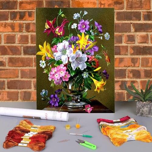 Flower Bouquet Printed Fabric 11CT Cross-Stitch DIY Embroidery Full Kit DMC Threads Sewing Handiwork Handicraft Handmade Gift