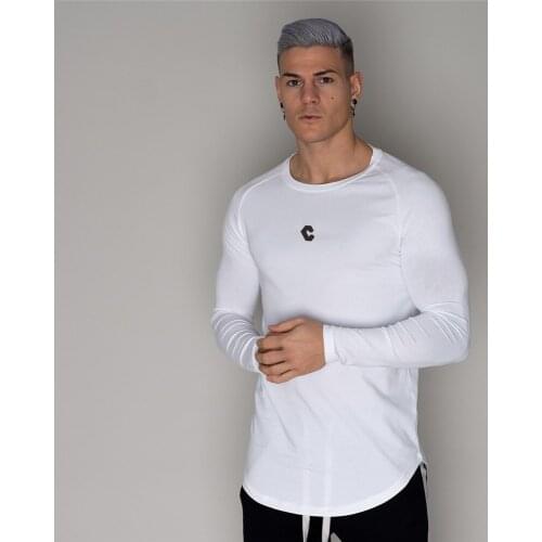 Casual Long sleeves t shirt Men Gym Fitness T-shirt Male Training Workout Cotton Slim Tees Tops Autumn New White Fashion Clothes
