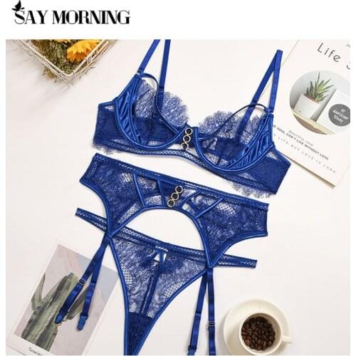 SAY MORNING Lingerie Set Lace Underwear Women Transparent Bra 3 Piece Set Underwire Lenceria Womens Underwear Set Sexy Thongs