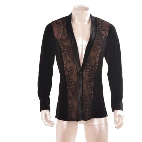 Latin dance costume man shirt velvet fabric lace front shirt V collar Latin coat MS15006 performance costume men latin
