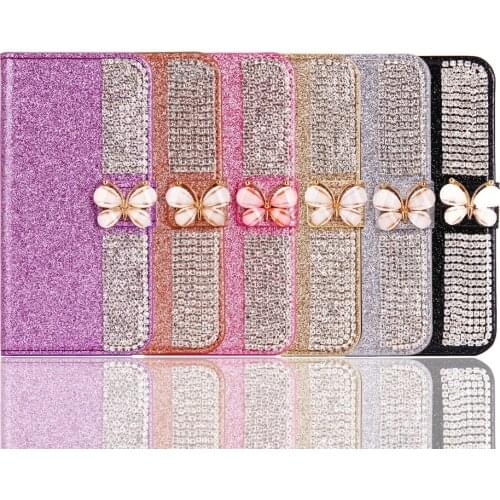 Bling Rhinestone Butterfly Shiny Card Slot Wallet Flip Leather Cover For Samaung S20FE J4 J6 + J8 J2 J3 J5 J7 2017 2018