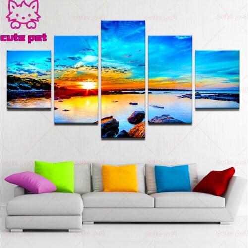 5 Panel Sunrise Seaview Diamond Painting Full Square Round Drill Cross StitchDIY Diamond Embroidery Sale Mosaic Needlework decor