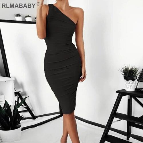 RLMABABY New One Shoulder Sleeveless Sexy Midi Dress Women Backless Ruched Bodycon Red Dress Slim Night Club Party Black Dress