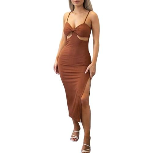 Sexy Low-cut Slim-fit Sling Split Midi Dress Dress for Women Beach Dresses Sleeveless V Neck High Waist Midi Dress Sundress