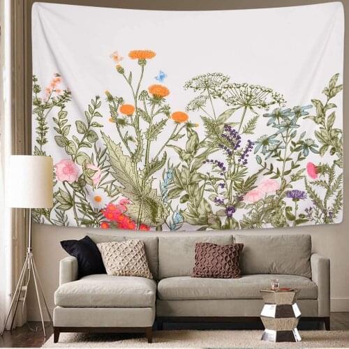 Floral Plants Tapestry Vintage Herbs Tapestry Wild Flowers Tapestry Wall Hanging Nature Scenery Tapestry for Living Room Bedroom