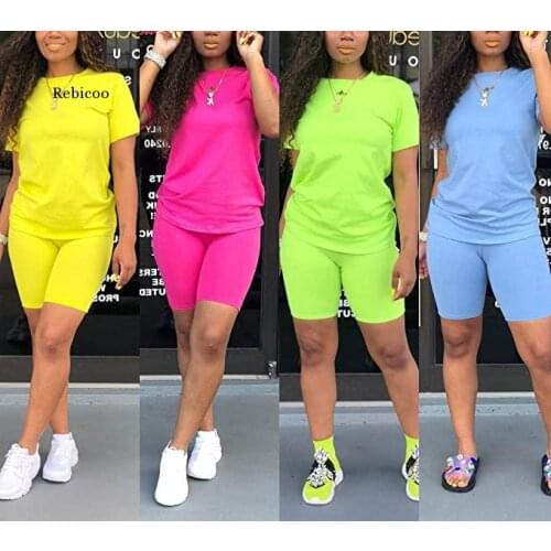 Two-piece Candy Color Womens Clothing Short-sleeved Crew Neck T-shirt Tight-fitting Shorts Simple Style Tracksuit Outfits
