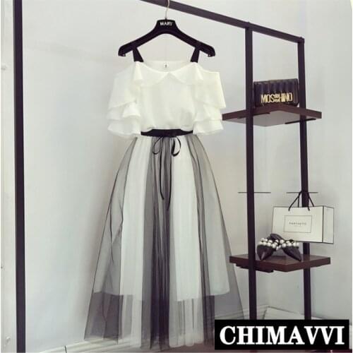 New Summer Womens Off Shoulder Simple Chiffon Shirt + Color Block Mesh Skirt Two-piece Student Girls Sweet Long Skirt Sets