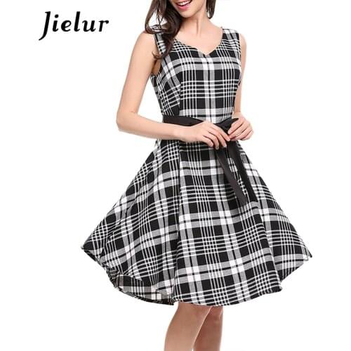Jielur Kpop Sashes V-neck Loose Women Dress Casual Chic Loose Sleeveless Vestidos Feminino Red Black Plaid S-XXL Summer Dresses