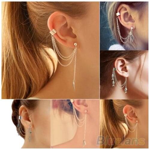 1PC Punk Tassels Chain Leaf Fish Cross Charms Metallic Ear Wrap ear cuff earrings 1SQD