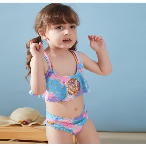 3-8Years Girl Swimsuit Shell Style Childrens Swimwear Halter Top Teenage Girl Bikini Set Holiday Beach Kid Bathing Suit246