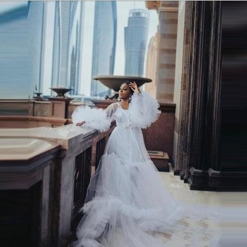 Aso Ebi Bridal Tulle Robes With Bodysuit Dress Long Sleeves Extra Puffy With Train Ruffles Women Tulle Gowns Custom Made