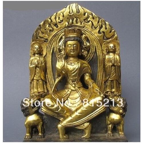Bi00217 Tibet Nepal Old Bronze Gild Lions do the Goddess of Mercy Kwan Yin Buddha Statue
