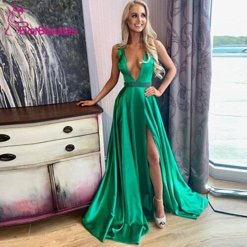 Green Evening Dresses Long 2020 Satin Beaded Belt Deep V-Neck Evening Party Dresses Sexy Side Slit Robe De Soiree Formal Dress