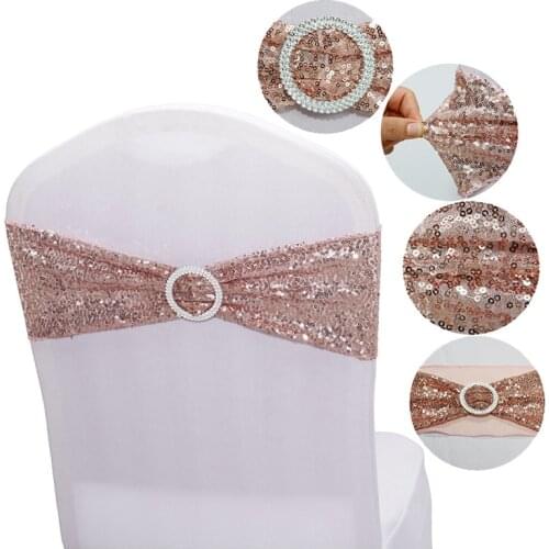 Stretch Sequin Chair Sash Bows Chair Bands with Buckle for Wedding Hotel Banquet Reception Birthday Party Chair Cover Decoration