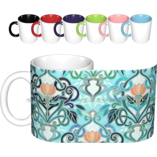 Ocean Aqua Art Nouveau Pattern With Peach Flowers Ceramic Mugs Coffee Cups Milk Tea Mug Green Turquoise Aqua Nouveau Pattern