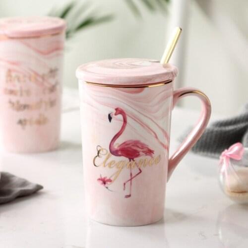 Creative Flamingo Nordic ins Mug Painted Gold Marble Veins Coffee Mug with Lid with Spoon Breakfast Milk Cup