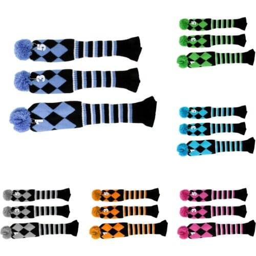 Set of 3 Vintage Golf Knitted Pom Pom Sock Covers 1-3-5 Golf Headcover For Dirver/Fairway Wood Long Neck Golf Club Headcovers