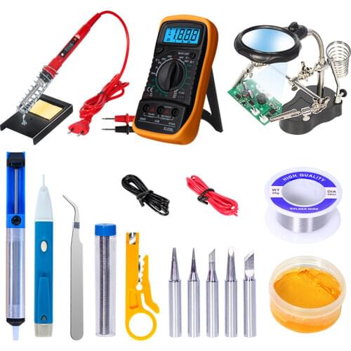KYZHVO 220V/80W/60W Adjustable soldering iron kit Helping Hand With Magnifying Glass Dual Alligator Clips Welding Tool Kits