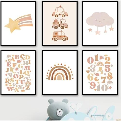 Numbers Alphabet Cars Rainbow Stars Clouds Wall Art Canvas Painting Nordic Posters And Prints Wall Pictures For Kids Room Decor