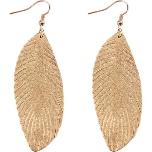 ZWPON 2019 New Feather 100% Soft Genuine Leather Earrings for Women Fashion Summer Leather Leaf Earrings Gold Statement Earrings