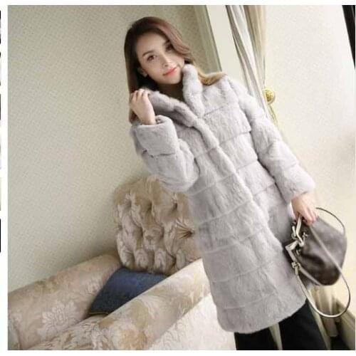 New womens Real genuine natural rabbit fur coat girls fashion striped stand collar jacket outwear custom any size