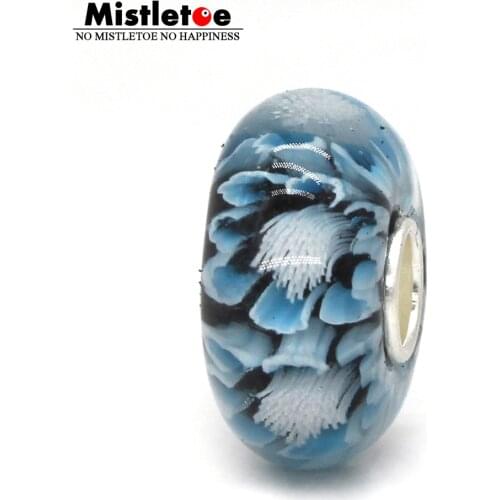 Mistletoe Jewelry 925 Sterling Silver Large Hole Light Blue 3D Flowers Murano Glass Charm Bead Fit European Bracelet