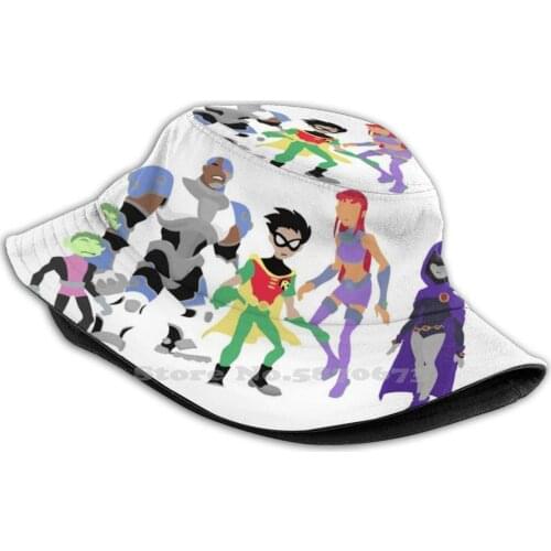 Foldable Panama Bucket Hat Cap Teen Raven Starfire Beastboy Robin Cyborg Color Red Orange Yellow Green Blue Purple Comic Comics