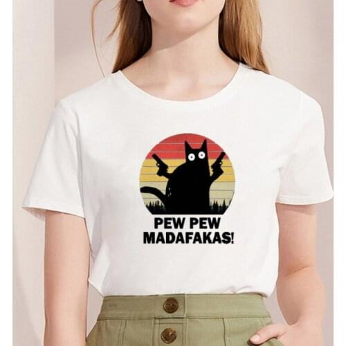 Pew Pew Madafakas Cute Cats Print T-shirts Women Summer 2021 Vintage Tops Funny Shirts for Female Cotton O-neck Hipster Tee
