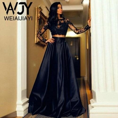 Customize Two Piece O Neck Black Lace Prom Dress Long Full Sleeve Floor Length Satin A Line Elegant Evening Gowns Plus Size